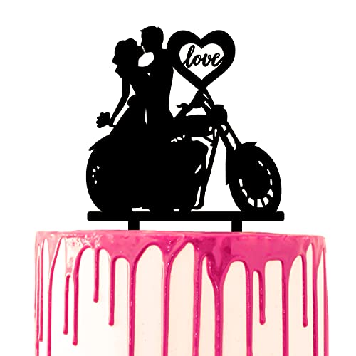 CARISPIBET Hochzeitstorte Topper Motorrad Bräutigam und Braut Kuss Herz mit Liebe Schrift Hochzeit Kuchen Acryl Silhouette Dekoration von CARISPIBET