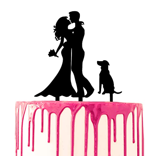 CARISPIBET Hochzeitstortenaufsatz, Braut und Bräutigam, umarmt sich mit Braut und Blumenstrauß und Hunde-Silhouette von CARISPIBET