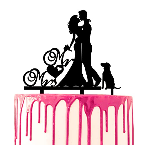 CARISPIBET Hochzeitstortenaufsatz für Bräutigam und Braut, Kuss, Blumenstrauß und Haustier Hund "Mr. & Mrs." mit Herz, Party, Kuchen, Acryl, Silhouette, dekorativ von CARISPIBET