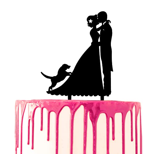 CARISPIBET Hochzeitstortendekoration Bräutigam & Braut küssend mit einem kleinen Hund an der Seite Acryl-Silhouette von CARISPIBET