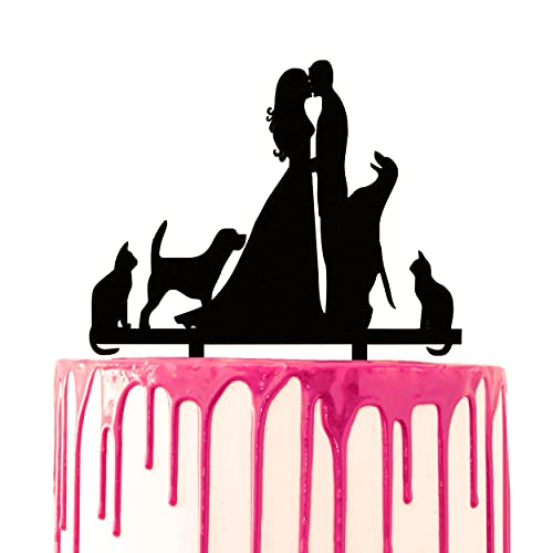 CARISPIBET Hochzeitstorte Topper Hochzeit Party Kuchen Deko Acryl Kuchen Dekoration Zwei Hunde Zwei Katzen Tierliebhaber Bräutigam & Braut Kuss Kuchen Topper von CARISPIBET