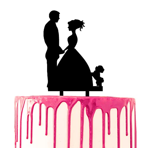 CARISPIBET cake toppers groom surprises bride with flower bouquet acrylic silhouette cake decoration tool (Bräutigam und Braut mit einem kleinen Hund) von CARISPIBET