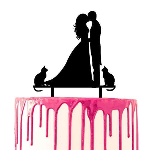 CARISPIBET wedding cake topper bride & groom kissing with two cats by their side acrylic silhouette von CARISPIBET
