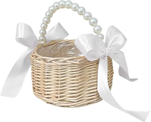 Blumenmädchenkörbe mit Perlengriff, Hochzeitsblumenkörbe, niedlicher Rattan-Weidenkorb mit weißem Band, Weidenkorb, Aufbewahrungskorb, dekorativer Korb von CARMELIT