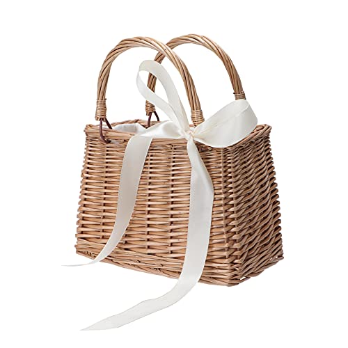 CARMELIT Blumenmädchen-Korb, Boho-Stil, Rattankörbe mit weißem Band für Hochzeiten, klassischer Weidenkorb, Handtasche, Korb, Taschen, Damen, Stroh-Tragetasche mit Griff CARMELIT Blumenmädchen-Korb, Boho-Stil, Rattankörbe mit weißem Band für Hochzeiten, klassischer Weidenkorb, Handtasche, Korb, Taschen, Damen, Stroh-Tragetasche mit Griff von CARMELIT