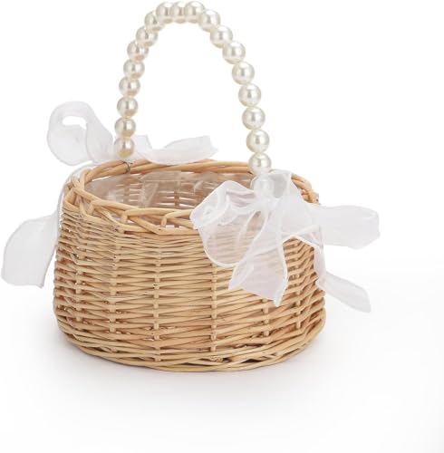 Weidenkorb aus Rattan mit Perlengriff, niedlicher Weidenkorb, Osterkorb, Schleife, Blumenkörbe für Hochzeit, Heimdekoration (16,5 x 19,8 cm) von CARMELIT