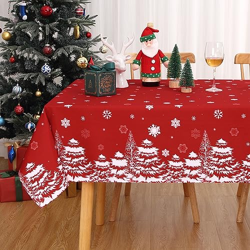 CAROMIO Rote Weihnachtstischdecke, rechteckig, wasserabweisend, Schneeflocke, Weihnachts-Tischdecke mit Kiefernmuster, abwischbare Tischdecke für Weihnachten, Neujahr, Dekoration, Weihnachtsfeier, von CAROMIO