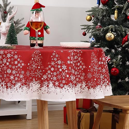 CAROMIO Runde Weihnachtstischdecke, Abwischbar, Wasserdicht, Mit Schneeflockenbaummuster, Knitterfrei für Esszimmer, Rot, 152,4 cm von CAROMIO