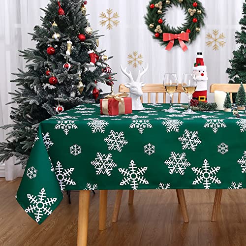 CAROMIO Tischdecke Grün Weihnachts Abwaschbare Tischdecken Wasserabweisend 137x274cm Rechteckige Tischtuch aus Polyester mit Schneeflocken, für Party Hochzeit Geburtstag Dekoration von CAROMIO