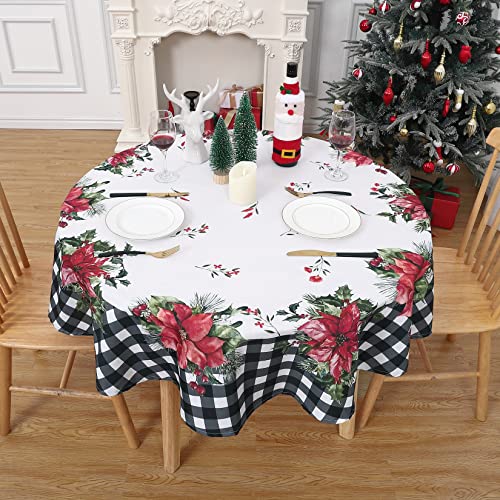 CAROMIO Tischdecke Rund Abwaschbare Tischdecken Weihnachten Weiße Tischtuch Wasserabweisend aus Polyester mit Karierte und Weihnachtsblume Tischwäsche für Festival Küche Picknick (152cm Durchmesser) von CAROMIO