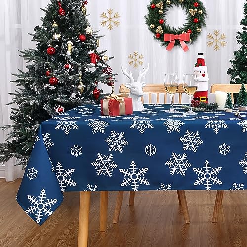 CAROMIO Tischdecke Weihnachten Blau Tischdecken Abwaschbar Wasserabweisend aus Polyester mit Schneeflocken Weihnachts Tischtuch für Festlich Tischdekoration, 137 x 137cm Quadratisch von CAROMIO