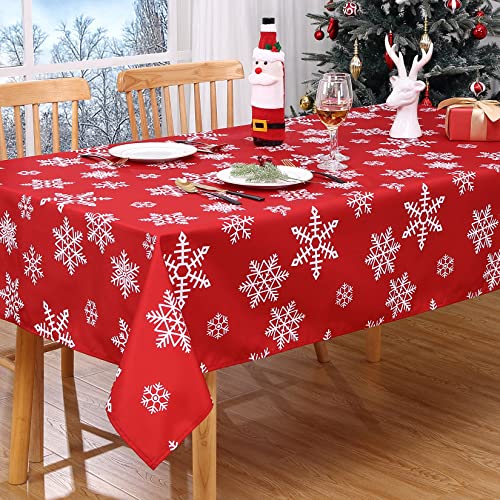 CAROMIO Tischdecke Weihnachten Rot Tischdecken Abwaschbar Wasserabweisend aus Polyester mit Schneeflocken Weihnachts Tischtuch für Festlich Tischdekoration, 137 x 228cm Rechteckig von CAROMIO