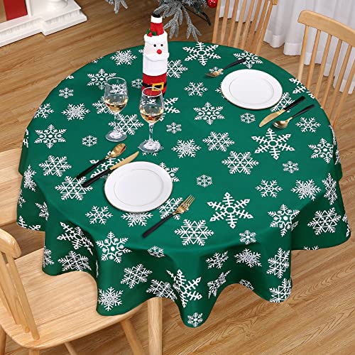 CAROMIO Tischdecke Weihnachten Rund Tischdecken Abwaschbar Wasserabweisend Tischtuch aus Polyester mit Schneeflocken Tischwäsche für Festival Küche Picknick 152cm Durchmesser Grün von CAROMIO