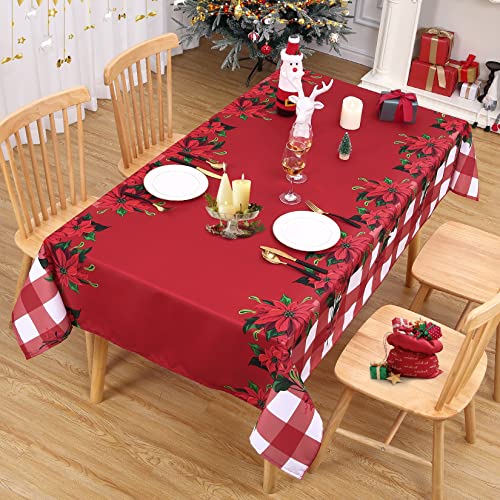 CAROMIO Tischdecke Weihnachten Tischdecken Abwaschbar Rote Weihnachtstischdecke Wasserdicht Lotuseffekt Stoff Tischtuch mit Karierte und Weihnachtsblume Tischwäsche für Küche Esstisch 137x178cm von CAROMIO