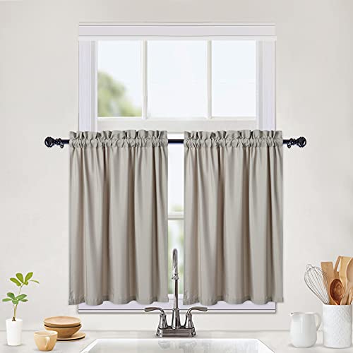 CAROMIO Wasserabweisende Scheibengardinen Modern Halbe Cafe Küchen Scheibengardinen Geprägte Musterstruktur Kurzgardine Kurzstores für Kleinfenster Vorhang Kurz, 2 x B 76 cm x H 61cm, Taupe, 2er Set von CAROMIO