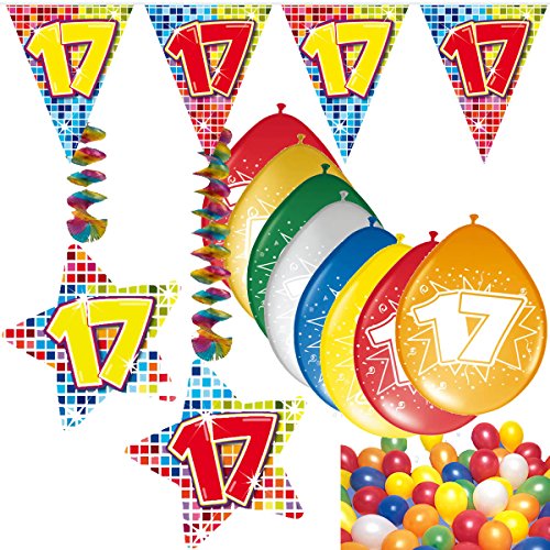 CARPETA 54-teiliges Partydeko Set * Zahl 17 * für Geburtstag oder 17. Geburtstag mit Girlande, Rotorspiralen, Luftschlangen und vielen Luftballons von Carpeta