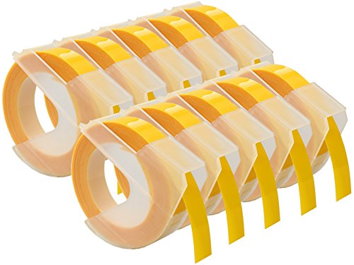 Cartridges Kingdom 10 Prägebänder 3D 9 mm x 3 m Weiss auf Gelb | kompatibel für Dymo Omega und Junior Etikettenprägegerät für den Heimbedarf | Kunststoff, Selbstklebend von CARTRIDGES KINGDOM
