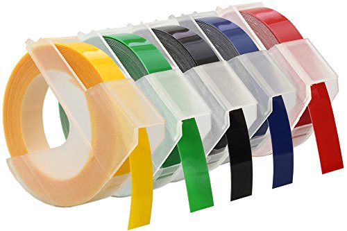 Cartridges Kingdom 5 Prägebänder 3D 9 mm x 3 m Weiss auf Rot Blau Schwarz Grün Gelb | kompatibel für Dymo Omega und Junior Etikettenprägegerät für den Heimbedarf | Kunststoff, Selbstklebend von CARTRIDGES KINGDOM