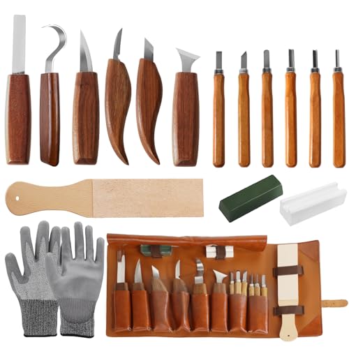 CASDUCT Hochwertiges Schnitzwerkzeug Set(17-teiliges),prakt. Tasche zum Schnitzen,mit 12 hochwertige Schnitzmesser zum Schnitzen, Schutzhandschuhen und PU Tasche,Schleifstein,Grünes Wachs von CASDUCT