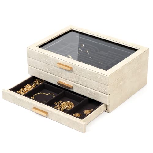 CASE ELEGANCE 3-stöckige Schmuckschatulle, Aufbewahrungsbox, Organizer für Frauen, Mädchen, Ehefrau, Glasdeckel für Ohrringe, Armbänder, Ringe, Halsketten, Shagreen, veganes Leder – groß von CASE ELEGANCE