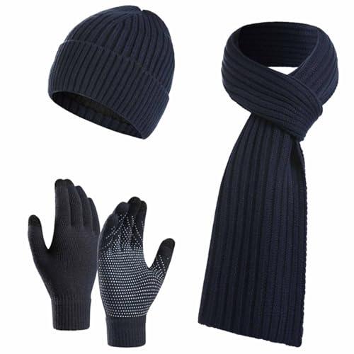 CASEGO Set aus Schal, Mütze und Handmütze, verdickt mit Samt, einfach und modisch, Strickstoff, geeignet für alle Altersgruppen (Marineblau) von CASEGO