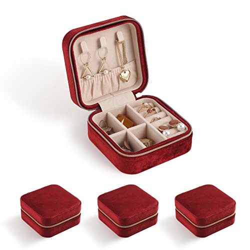 CASEGRACE Brautjungfern-Geschenk-Schmucketui, Plüsch-Samt-Schmuckschatulle, kleiner Schmuck-Organizer, Display-Ringe, Halskette, Armband, Ohrringe, rot, 3 Stück von CASEGRACE