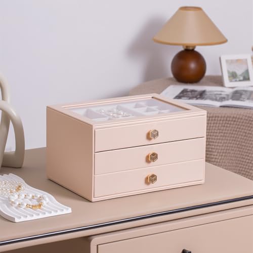 CASEGRACE Schmuckschatulle für Damen mit Glasdeckel – Leder-Schmuckaufbewahrung, Organizer, 3 Schubladen für Halsketten, Ringe, Ohrringe und Armbänder, ideales Geschenk (Rosa, 3 Ebenen) von CASEGRACE