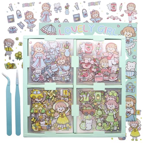 100 Stück Cartoon Mädchen Aufkleber Set mit 2 Pinzette Kawaii Sticker Cute PET Transparent Dekorative Kawaii Scrapbook Aufkleber Wasserdichte für DIY-Kunsthandwerk, Tagebuch, Fotoalbum Dekorieren von CATELL