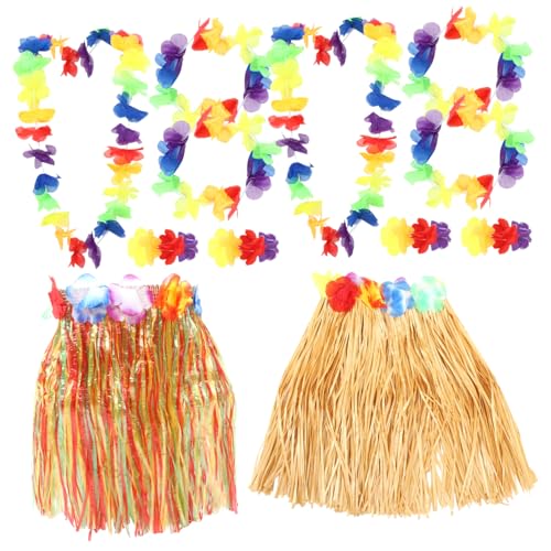 CAXUSD 2 Sätze Hawaii Kostüm Grasrock und Blumen Halskranz Farbenfrohes Luau Party Outfit für Strand Pool und Tropische Feiern Vielseitige Verkleidung für Erwachsene von CAXUSD
