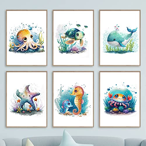 CAYBES 6 Stück Aquarell-Krake Wal Krabbe Schildkröte Seestern Wandkunst Poster und Drucke Ozean Kinderzimmer Leinwandgemälde Bilder Kinderzimmer Dekoration-40 * 60Cm (Ohne Rahmen) von CAYBES