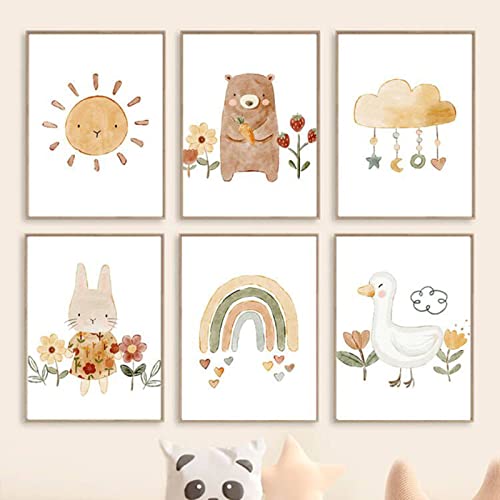 CAYBES 6 Stück Boho Bär Hase Gans Sonne Regenbogen Kinderzimmer Wandkunst Leinwand Malerei Nordische Poster Drucke Wandbilder Baby Kinderzimmer Dekor-20x30cmx6 (Kein Rahmen) von CAYBES