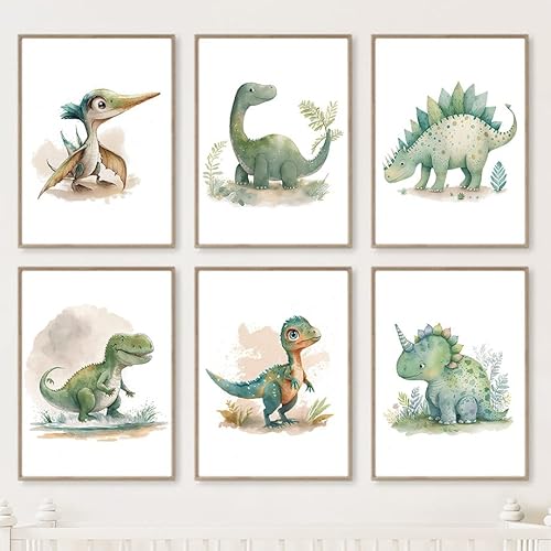 CAYBES 6 Stück Cartoon-Dinosaurier-Dschungel-Dino-Baby-Poster Kinderzimmer Leinwandgemälde Wandkunstdruck Bild Kinder Kinderzimmer Badezimmer Zimmer Dekorationn-A4 (Kein Rahmen) von CAYBES
