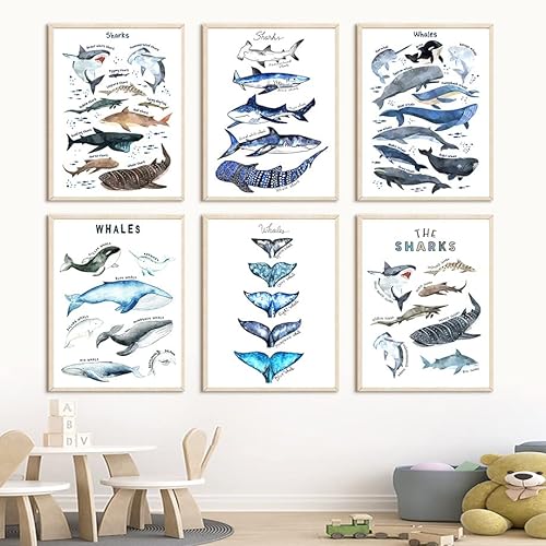 CAYBES 6 Stück Meerestiere Wale Haie Fische Nordische Poster und Drucke Wandkunst Leinwandgemälde Bilder für Baby Kinder Schlafzimmer Badezimmer Zimmer Dekorationn-A4 (Kein Rahmen) von CAYBES