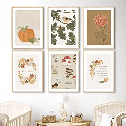 CAYBES 6 Stück Poster Babyzimmer Herbst Ahornblatt Vogel Kürbis Wandkunst Leinwand Malerei Nordische Poster und Drucke Wandbild für Kinderzimmer Dekor-40x50cmx6 (ohne Rahmen) von CAYBES