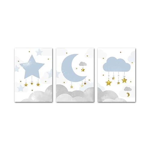 CAYBES Kinderbilder-Mond Wolken Cartoon Leinwand Poster Kinderzimmer Druck Blauer Stern Wandkunst Malerei Nordisch Kid Bild Baby Boy Küche Schlafzimmer Dekor Kunstwerk-30 * 40Cm-3 Stück (Kein Rahmen) von CAYBES