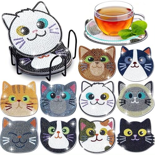 CAYUDEN DIY Diamond Painting Untersetzer Mit Halter, 10 Stück Kreativ Kat Diamond-Painting Tassenuntersetzer Set mit Werkzeugen & Geschenkbox, 5D Bastelset Mädchen für Erwachsene & Kinder von CAYUDEN