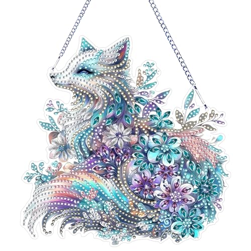 CAYUDEN Diamond Painting Anhänger Kinder Set, DIY Diamond-Painting Fensterbilder Fuchs Diamant Wand Und Eingang Deko mit Kette für Erwachsene, Mosaik Bastelset für Fenster Küche Decor von CAYUDEN