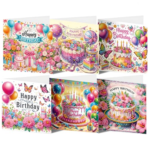 CAYUDEN Diamond Painting Karten Set, 6 Stück Kuchen Geburtstag Diamant Malerei Karten, DIY Handgemachtes Diamond Painting Grußkarte mit Umschlag Set, 5D Diamant Malerei Grußkarte für Freunde, Familie von CAYUDEN