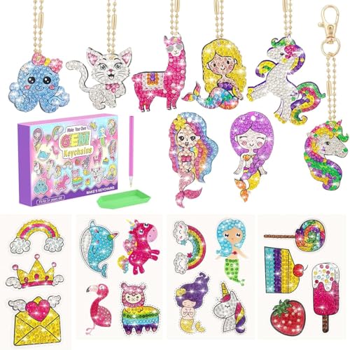 CAYUDEN Diamond Painting Kinder, 8pcs Doppelseitige Diamond Painting Schlüsselanhänger + 15pcs Diamant Painting Aufkleber Kinder 5D DIY Meerjungfrau Einhorn Diamond Anhänger Kit für Kinder 6 8 10 12 von CAYUDEN