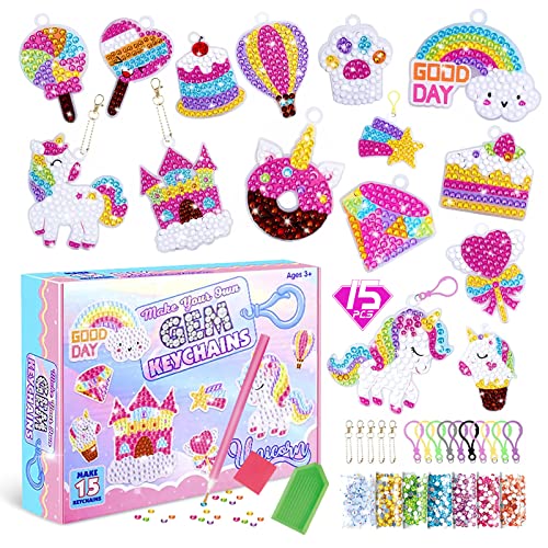 CAYUDEN Diamond Painting Kinder, 15 Stück Diamond Schlüsselanhänger DIY Diamond Painting Keychain Kits Kids 5D Einhorn Diamant Painting Anhänger Gem Ornamente Bastelset Kinder 4 6 8 10 12 Jahre von CAYUDEN