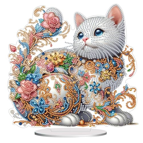 CAYUDEN Diamond Painting Tischdeko, DIY Diamond Painting Erwachsene 5D Weiße Katze Diamant Malerei Stehend Kunst Set Diamant Painting Tisch Deko Diamant Malerei Ornamente für Dekoration, Geschenk von CAYUDEN