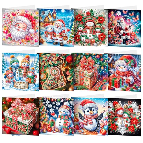 CAYUDEN Diamond Painting Weihnachtskarten, 12 Stück Handgemachte Diamant Malerei Mit Umschlag Set, 5D Weihnachten Deko Geschenke von CAYUDEN