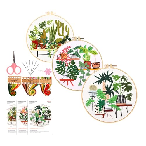 CAZSTYK 3 Sets Blattblumen-Stickset mit Stickmuster, Anfänger-Set mit Anleitung (evtl. nicht in deutscher Sprache), Stickzubehör, Pflanzenmuster von CAZSTYK