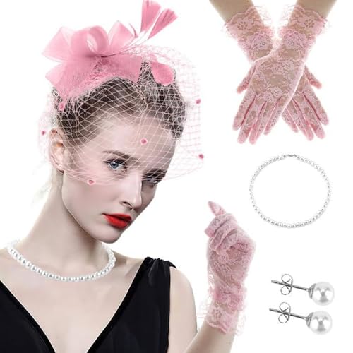 Cocktail-Party-Kopfschmuck aus gefiedertem Netzstoff mit Spitzenhandschuhen, Halskette, 1920er-Jahre-Tüll-Kopfschmuck, Flapper-Kostüm für formelle Veranstaltungen, Cosplay-Zubehör von CAZSTYK