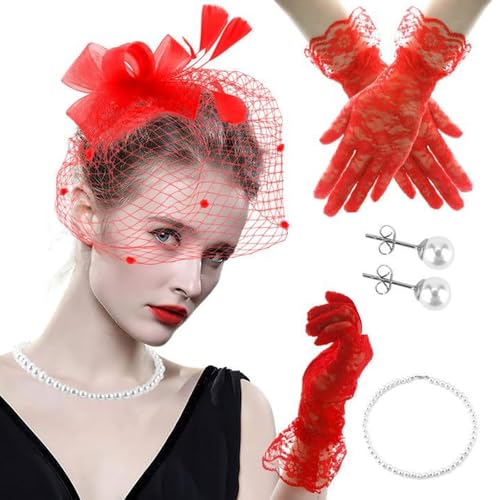 Cocktail-Party-Kopfschmuck aus gefiedertem Netzstoff mit Spitzenhandschuhen, Halskette, 1920er-Jahre-Tüll-Kopfschmuck, Flapper-Kostüm für formelle Veranstaltungen, Cosplay-Zubehör von CAZSTYK