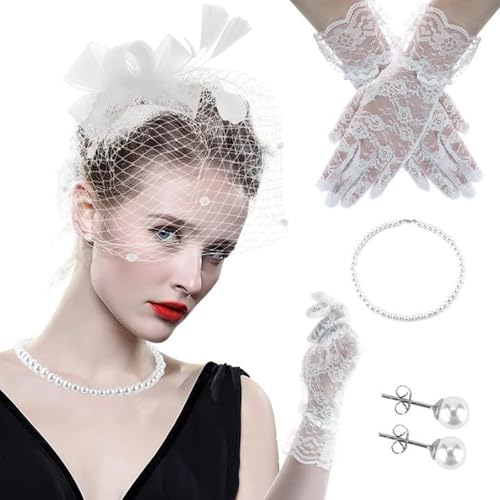 Cocktail-Party-Kopfschmuck aus gefiedertem Netzstoff mit Spitzenhandschuhen, Halskette, 1920er-Jahre-Tüll-Kopfschmuck, Flapper-Kostüm für formelle Veranstaltungen, Cosplay-Zubehör von CAZSTYK