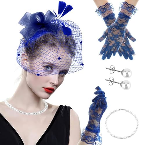 Cocktail-Party-Kopfschmuck aus gefiedertem Netzstoff mit Spitzenhandschuhen, Halskette, 1920er-Jahre-Tüll-Kopfschmuck, Flapper-Kostüm für formelle Veranstaltungen, Cosplay-Zubehör von CAZSTYK