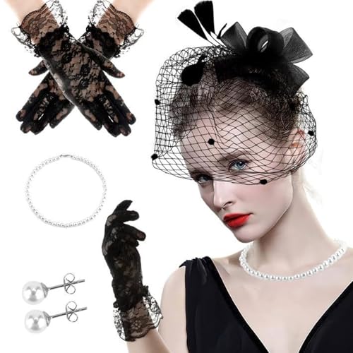 Cocktail-Party-Kopfschmuck aus gefiedertem Netzstoff mit Spitzenhandschuhen, Halskette, 1920er-Jahre-Tüll-Kopfschmuck, Flapper-Kostüm für formelle Veranstaltungen, Cosplay-Zubehör Cocktail-Party-Kopfschmuck aus gefiedertem Netzstoff mit Spitzenhandschuhen, Halskette, 1920er-Jahre-Tüll-Kopfschmuck, Flapper-Kostüm für formelle Veranstaltungen, Cosplay-Zubehör von CAZSTYK