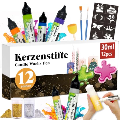 30ml Kerzenstifte Wachsstifte Für Kerzen mit Feiner Glitzer Gold Silber Kerzen Bemalen Set Candle Wachs Pen für Ideal zum Kerzen Dekorieren & Gestalten Kerzenfarbe (12-Farben) von CAwished