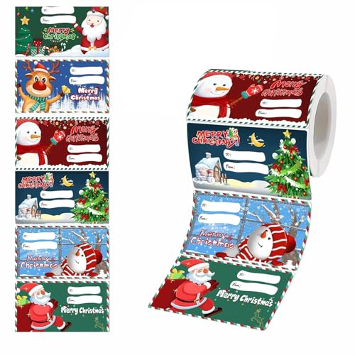 Geschenkanhänger Aufkleber, selbstklebend, 300 Stück, 7,5 × 4 cm, Weihnachtsmann Schneemann Festival von CBMZHF